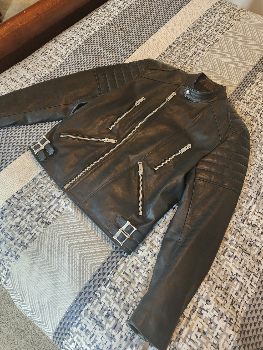 Sandro Black Leather Bomber Jacket with Silver Hardware - Picture 2 of 3